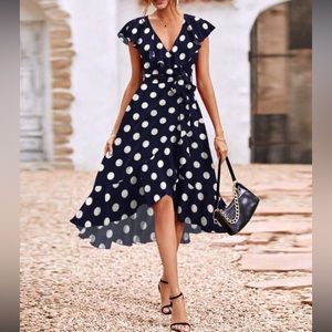 Kara and  Kate  navy blue and white polka dots ruffle hem wrap belted dress